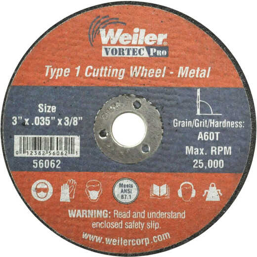 Weiler Vortec Type 1 3 In. x 1/32 In. x 3/8 In. Metal/Plastic Cut-Off Wheel